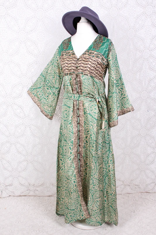 Jasmine Maxi Dress - Peppermint & Ivory Paisley Vintage Sari - Size S/M Chic Button-Up Maxi Dress