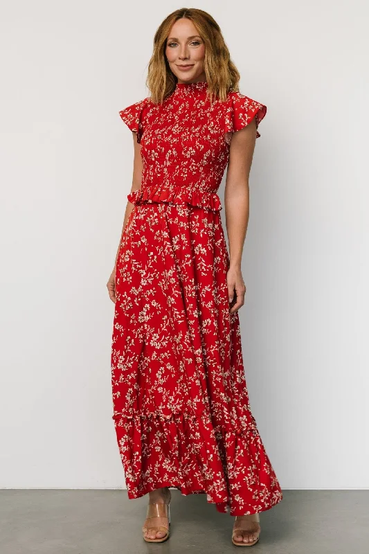 Orla Ruffle Maxi Dress | Red floral Stylish One-Shoulder Maxi Dress