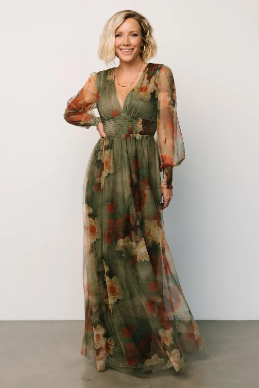 Layla Tulle Maxi Dress | Olive + Rust Fashionable Maxi Dress with Fringe