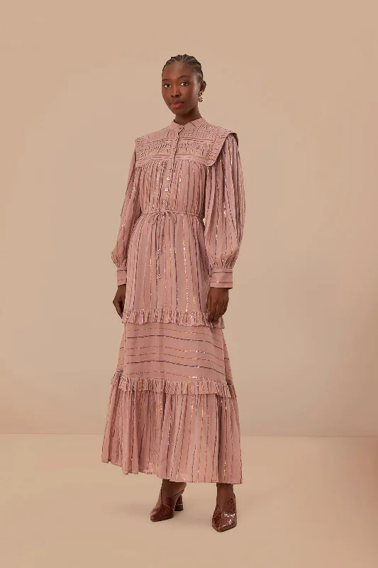 Light Pink Pleated Yoke Tiered Maxi Dress Chic Off-Shoulder Maxi Dress