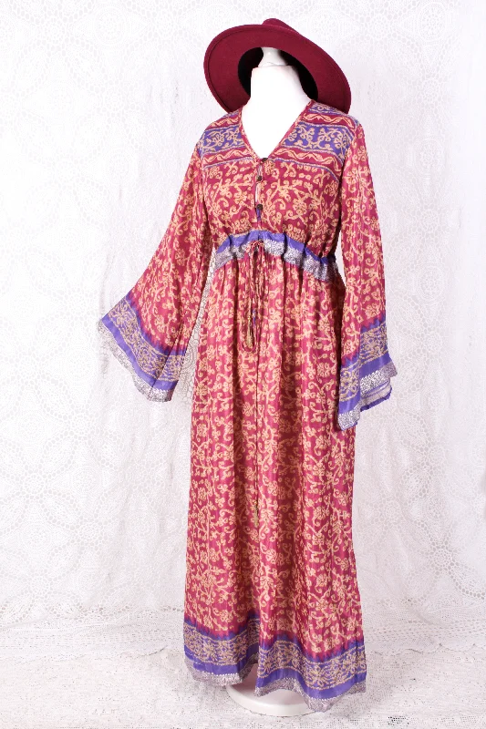 Lily Maxi Dress - Strawberry & Violet Vintage Sari - Size S/M Chic Summer Floral Maxi Dress