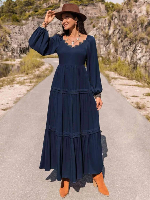 Long Sleeve Lace Trim Maxi Dress Elegant Maxi Dress with Ruffles