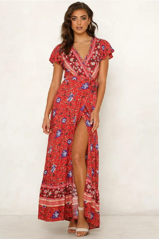 Mercury Printed Bardot Wrap Maxi Dress Elegant Maxi Dress with Pockets