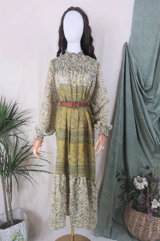 Mona Maxi Dress - Vintage Indian Sari - Parchment & Antique Gold Floral - Free Size Cozy Ruffle Sleeve Maxi Dress