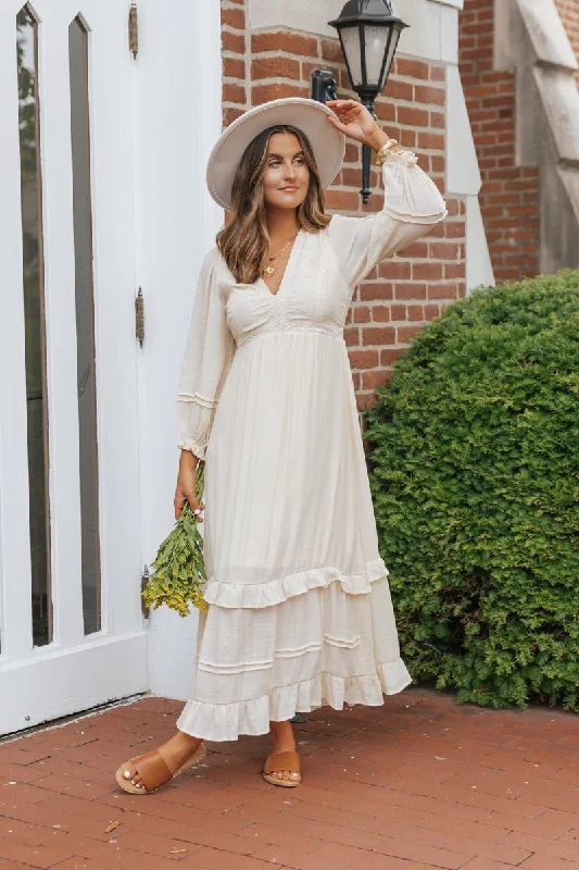 Natural Lace Embroidered Tiered Maxi Dress Trendy Off-Shoulder Ruffle Maxi Dress