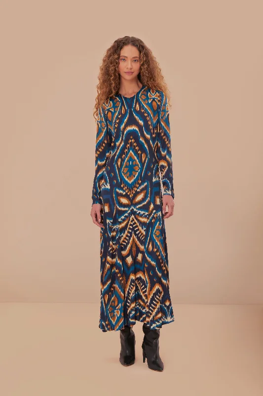 Blue Pineapple Ikat LENZING™ ECOVERO™ Viscose Maxi Dress Trendy Fit-and-Flare Maxi Dress