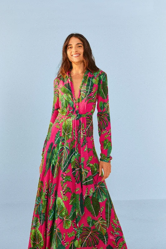 Pink Leaves Maxi Dress Comfortable Maxi Dress with Sleeves