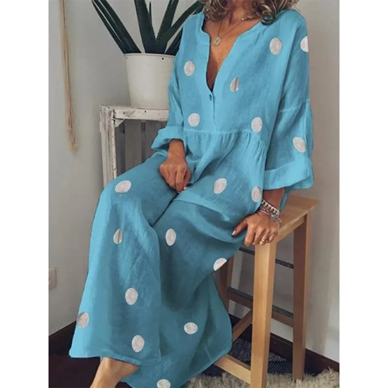 FashionSierra - Polka dot summer dress Casual loose long sleeve bohemian maxi dress Women v neck boho beach dresses robe vintage femme Comfortable Ruffle Hem Maxi Dress