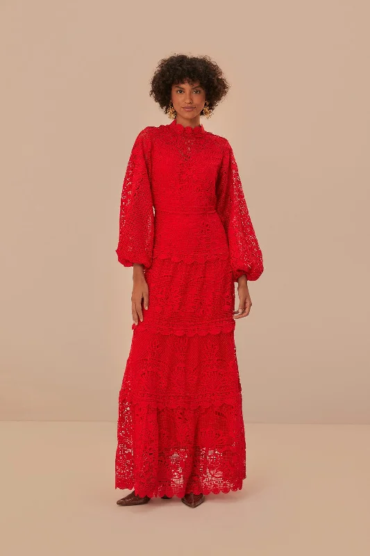 Red Guipire Long Sleeve Maxi Dress Comfortable Bohemian Maxi Dress