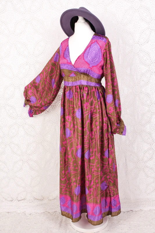 Rosemary Maxi Dress - Vintage Indian Sari - Bronze, Pink & Purple - S/M Stylish Maxi Dress with Pleats