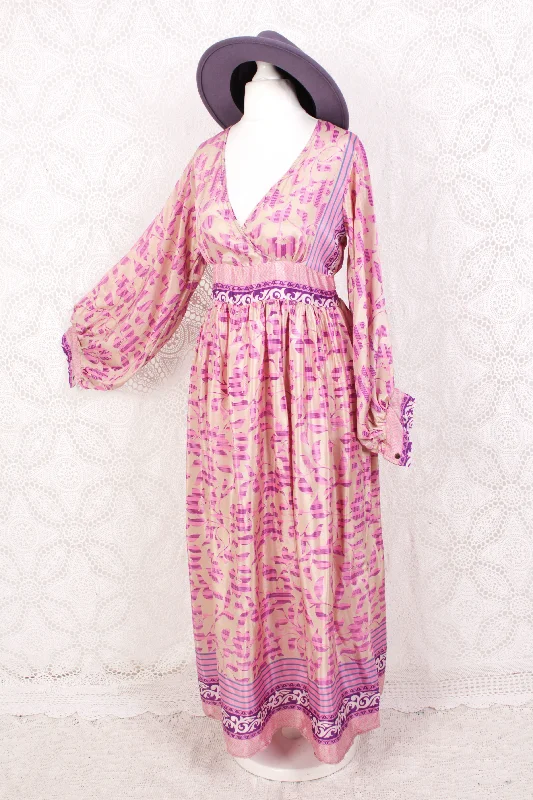 Rosemary Maxi Dress - Vintage Indian Sari - Shea Butter & Pink Floral - S/M Chic Summer Floral Maxi Dress