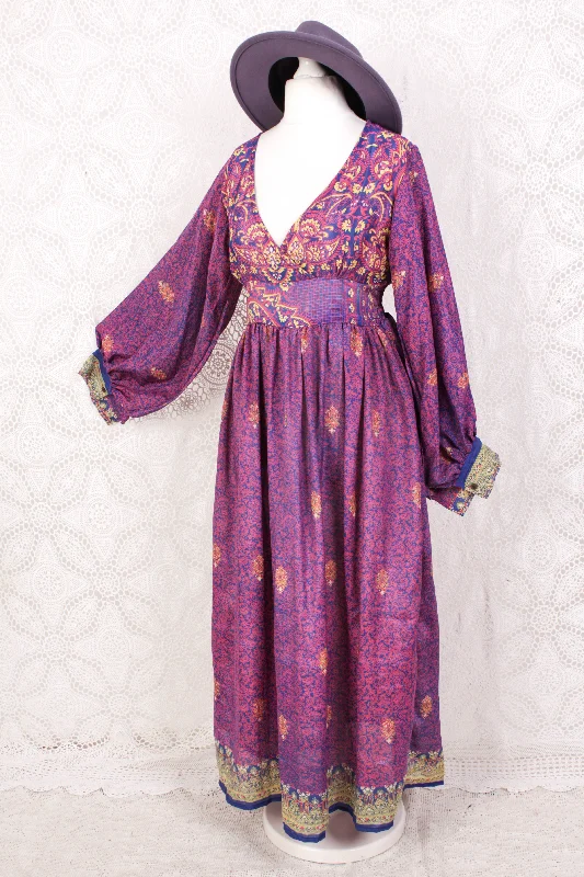 Rosemary Maxi Dress - Vintage Indian Sari - Steely Blue & Electric Coral Floral Paisley - XS/S Classic Solid Maxi Dress