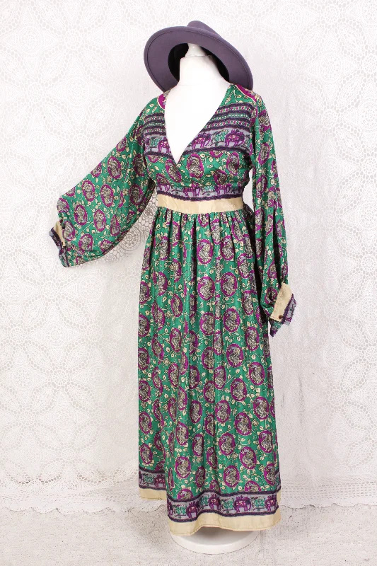 Rosemary Maxi Dress - Vintage Indian Sari - Emerald & Magenta Peacock Illustrations - XS/S Elegant Lace Maxi Dress