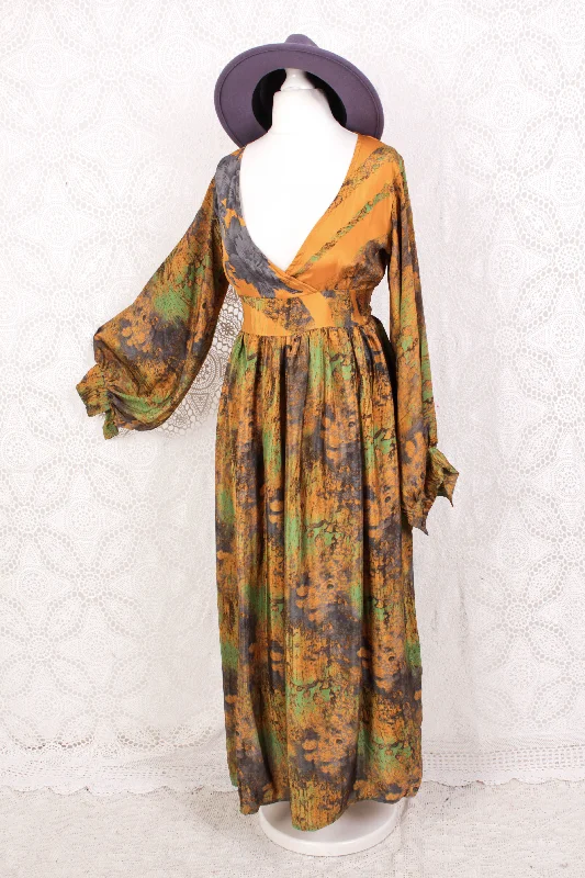 Rosemary Maxi Dress - Vintage Indian Sari - Mustard, Slate & Green Abstract -XS/S Elegant Maxi Dress with Drapes