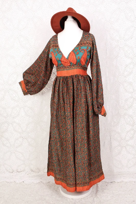 Rosemary Maxi Dress - Vintage Indian Sari - Jade & Cantaloupe Floral Paisley - XS/S Elegant Lace-Up Maxi Dress