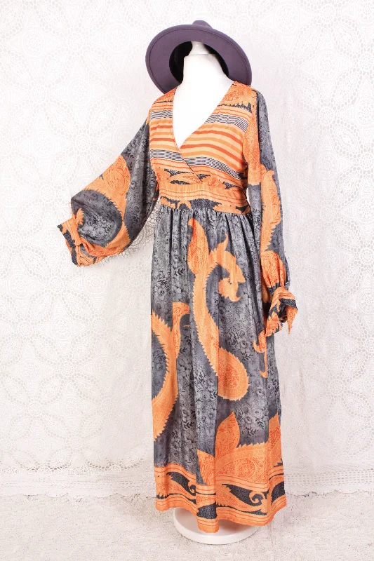 Rosemary Maxi Dress - Vintage Indian Sari - Dark Silver & Orange Florals - S/M Stylish Long Sleeve Maxi Dress