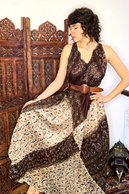 Siren Maxi Dress - Bronze Brown & Diamond White Floral - Vintage Indian Silk - XS-M Elegant Maxi Dress with Belt