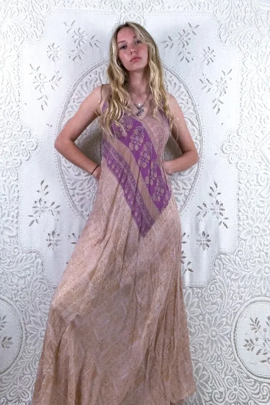 Siren Maxi Dress - Powdered Peach & Lilac Wildflower - Vintage Indian Silk - XS-L Fashionable Halter Neck Maxi Dress