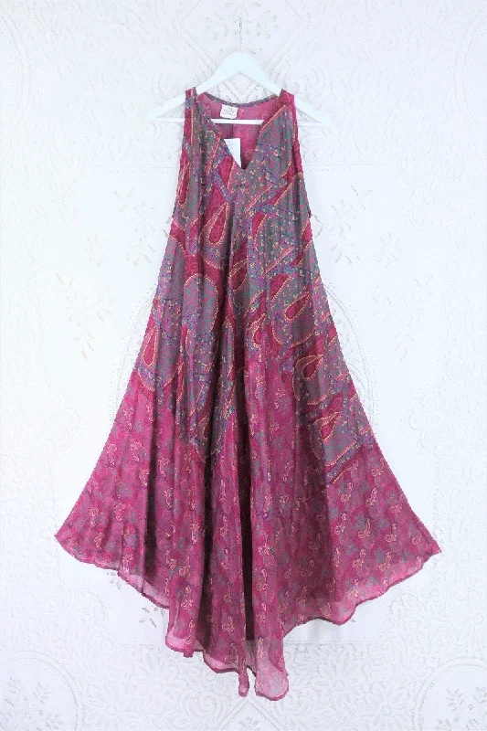 Siren Maxi Dress - Raspberry Pink & Jade Paisley - Vintage Indian Silk - XS-M/L Cozy Ribbed Maxi Dress