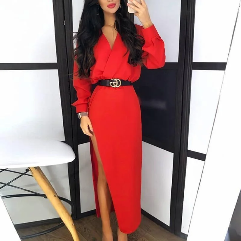 FashionSierra - Solid Long Sleeve Slit Maxi Dress Women V Neck Red Black White Long Dress Casual Loose Spring Plunge Dresses Robe Femme Fashionable Faux Wrap Maxi Dress