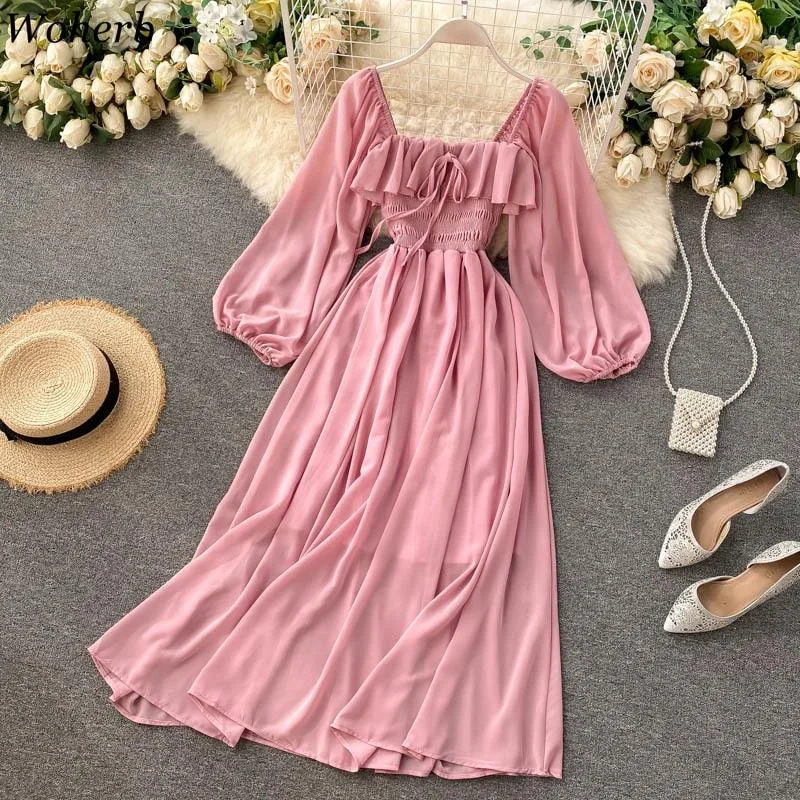 FashionSierra - Square Collar Maxi Dress Women Solid Chiffon Puff Sleeve Dresses Trendy Button Front Maxi Dress