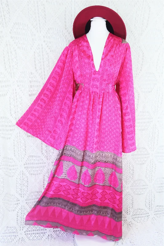 Stevie Maxi Dress - Vintage Indian Sari - Fuchsia & Slate Block Print - XS Chic Off-Shoulder Maxi Dress