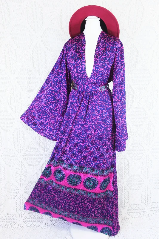 Stevie Maxi Dress - Vintage Indian Sari - Indigo & Magenta Floral - XS Elegant Pleated Maxi Dress