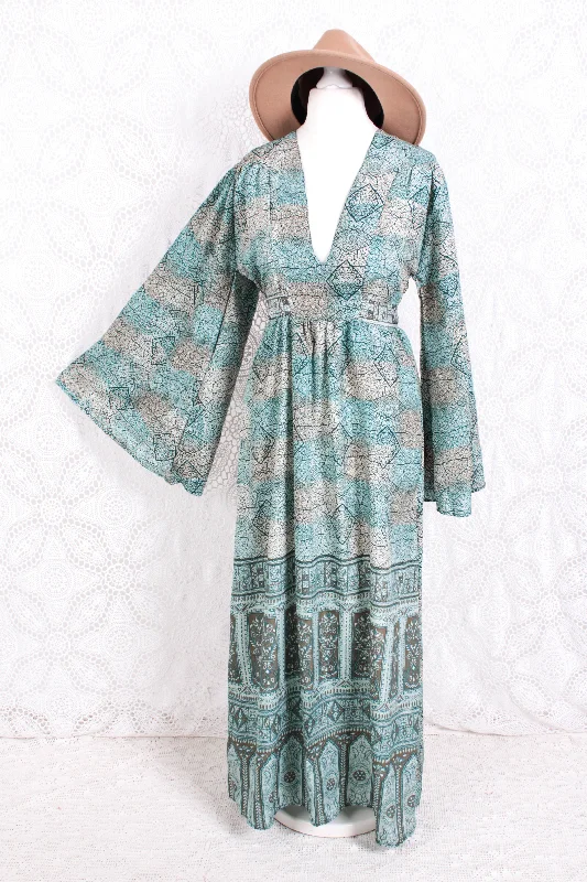 Stevie Maxi Dress - Vintage Indian Sari - Submerged Aqua Mosaic - XS Fashionable Off-Shoulder Maxi Dress