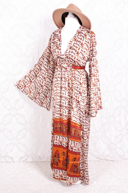 Stevie Maxi Dress - Vintage Indian Sari - Powder, Red & Amber Illustrations - XS Comfortable Maxi Dress with Belt