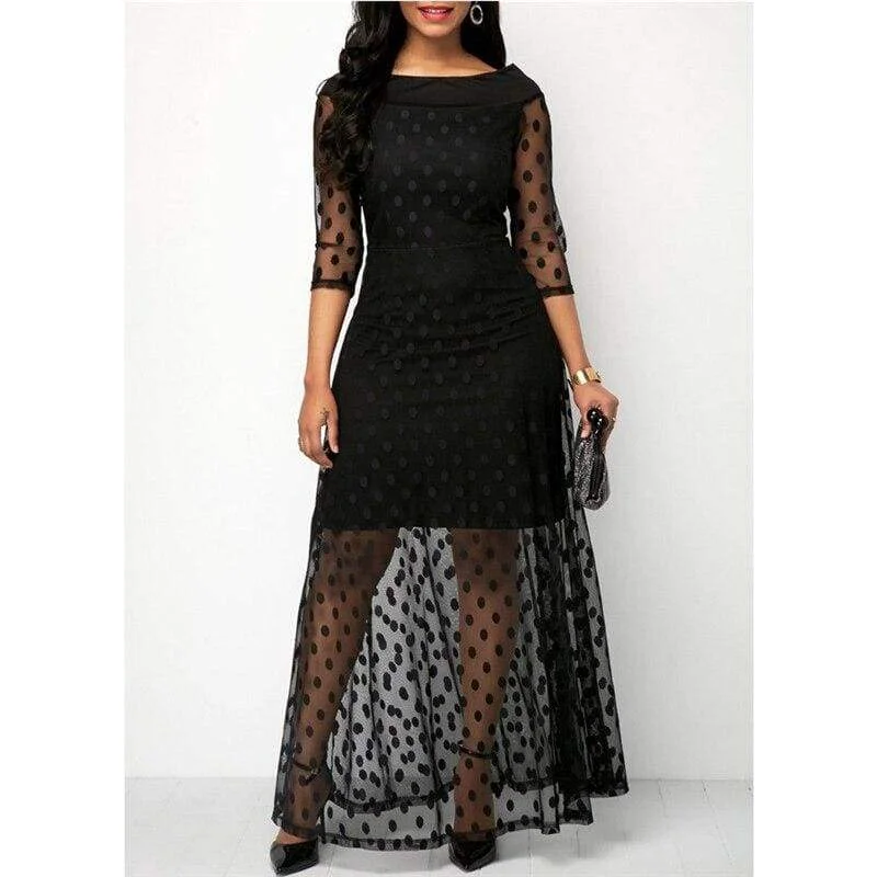 FashionSierra - Summer Women Dress Polka Dot Print Lace Maxi Dresses For Women Elegant Ladies Dresses Casual Black Plus Size Evening Party Dress Fashionable Chiffon Tiered Maxi Dress