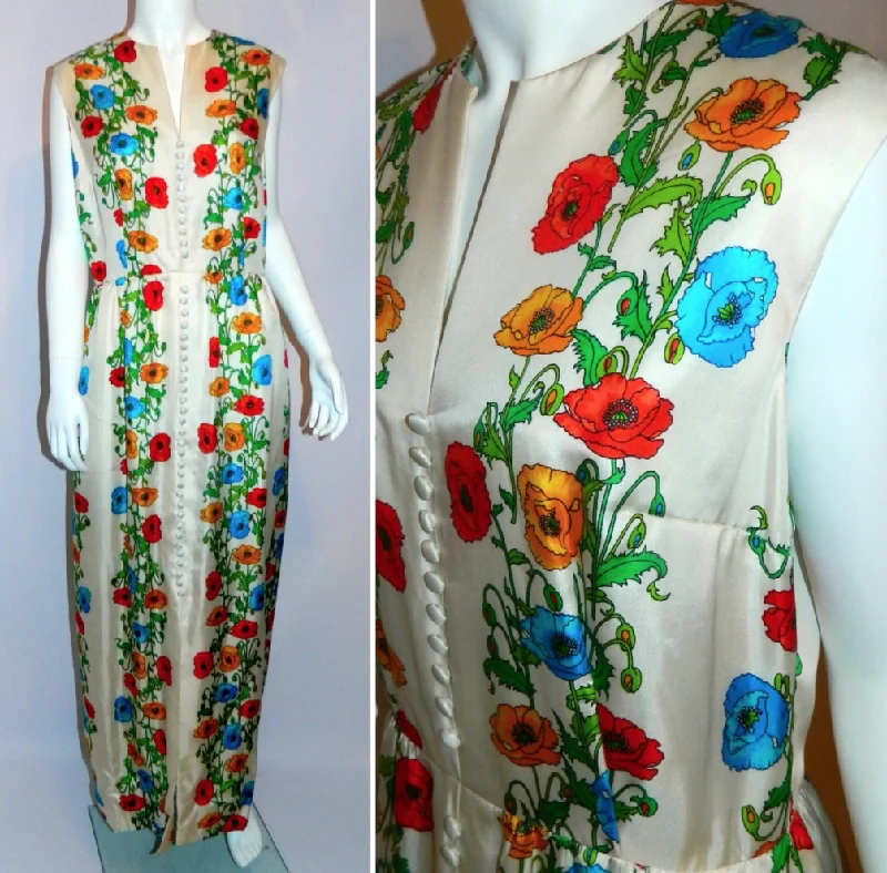 vintage silk gown 1970s Kaplan white floral maxi dress M Boho luxe wedding Stylish One-Shoulder Maxi Dress