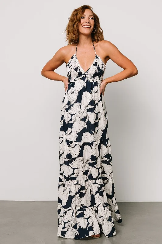 Visalia Maxi Dress | Navy + White Stylish Pleated A-Line Maxi Dress