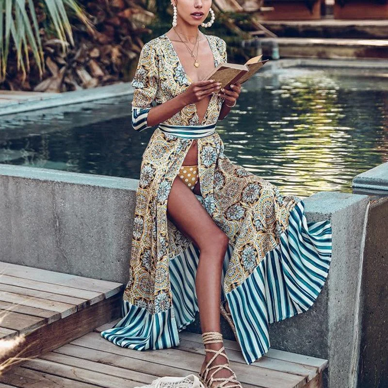 FashionSierra - Women Flower Striped Print Boho Dress Sashes Wrap Dress Summer Slit Long Sleeve Beach Maxi Dresses Vintage Robe Femme Classic Strapless Maxi Dress