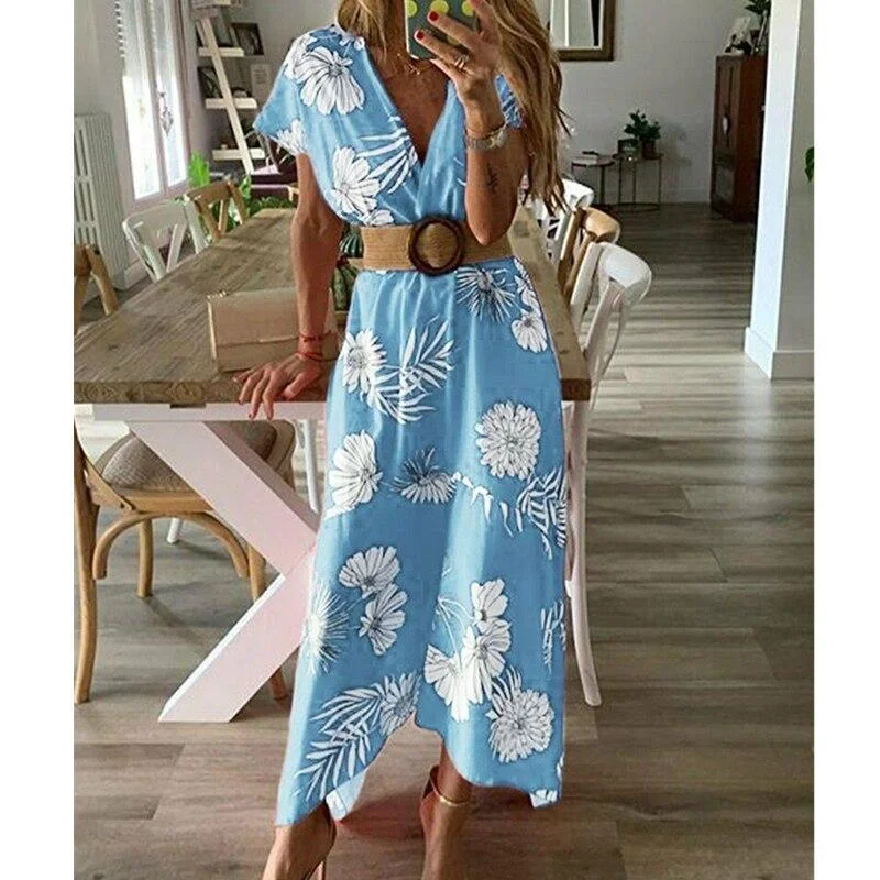 FashionSierra - Women V-neck Boho Floral Belted Maxi Dress Summer Ladies Casual Short Sleeve Party Beach Sundress Holiday Clothing Stylish One-Shoulder Maxi Dress