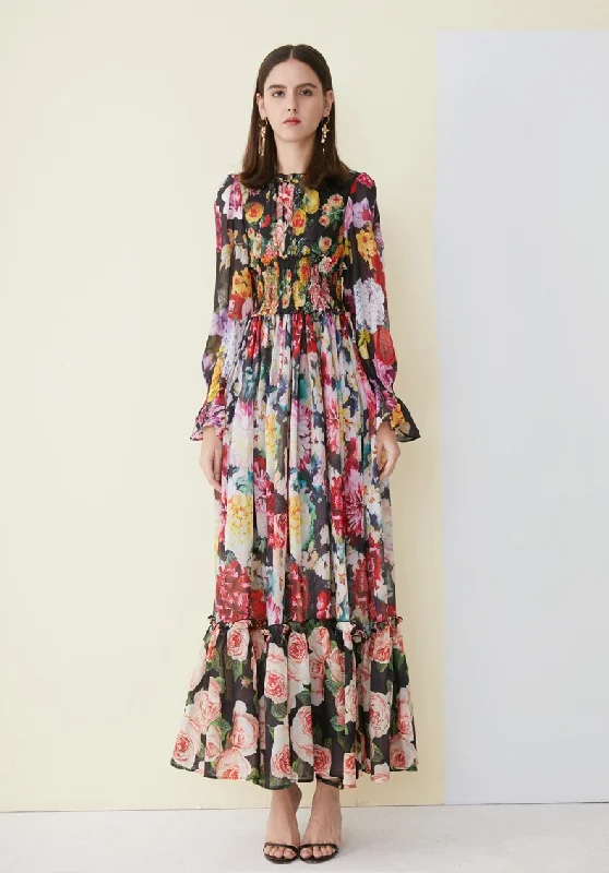 FashionSierra - Floral Printed Ruffles Elegant Designer Casual Holiday Maxi Dresses Fashionable High-Waist Maxi Dress