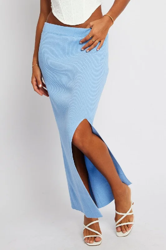 Blue Knit Skirt Front Split High Rise wool skirt breathable