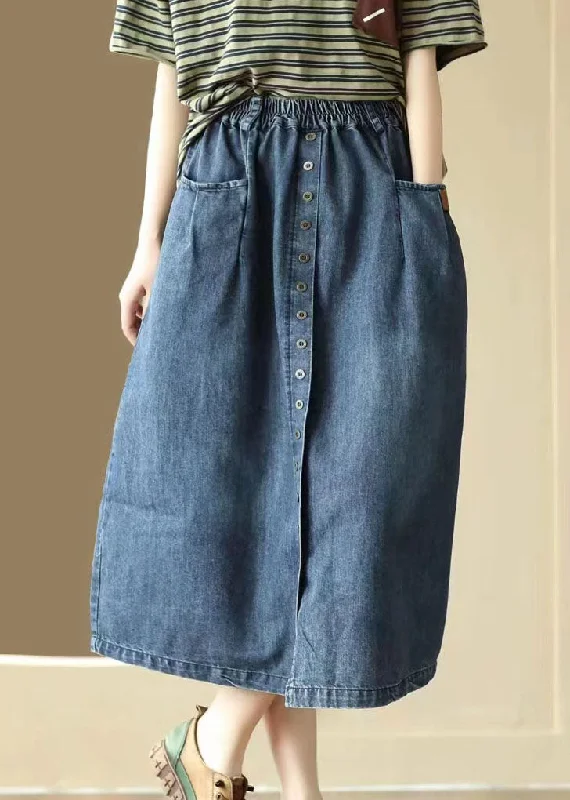 Blue Pockets Patchwork Denim Skirts Wrinkled Elastic Waist Summer wool skirt warm