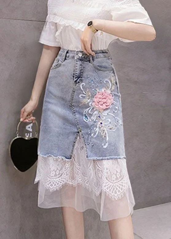 Bohemian Blue Tulle Patchwork Floral Button Denim Skirt chiffon skirt floaty