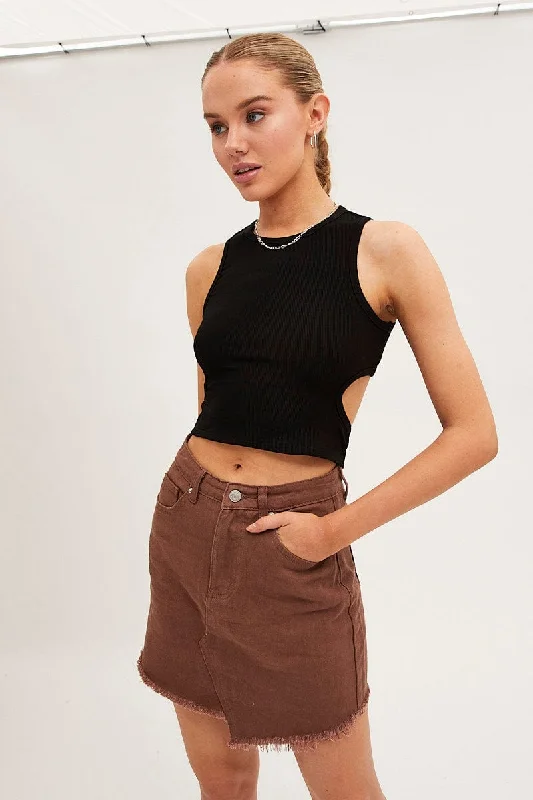 Brown Denim Skirt Mini Asymmetric Hem maxi skirt elegant