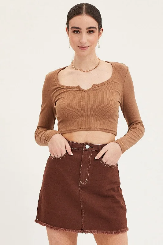 Brown Mini Skirt High Rise Fray Hem corduroy skirt durable