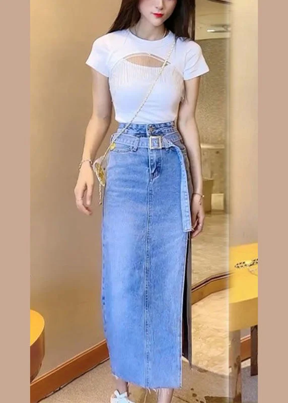 Casual Blue Patchwork Sashes Side Open Denim Maxi Skirt lightweight skirt design