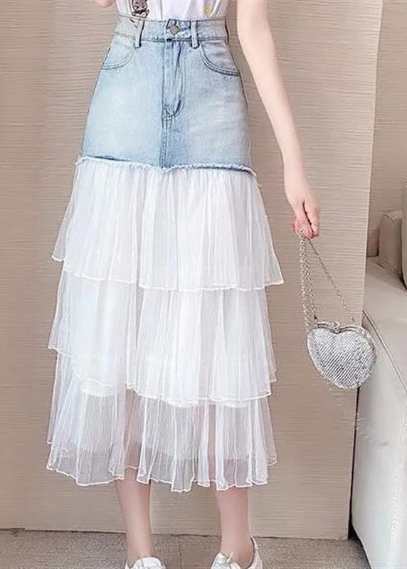 Chic Blue High Waist Tulle Patchwork Denim A Line Skirt linen skirt breathable