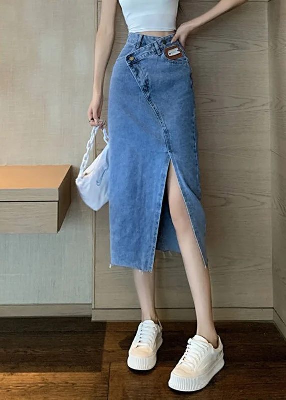 Chic Blue Side Open Asymmetrical Patchwork Denim Maxi Skirts Summer seamless skirt comfort