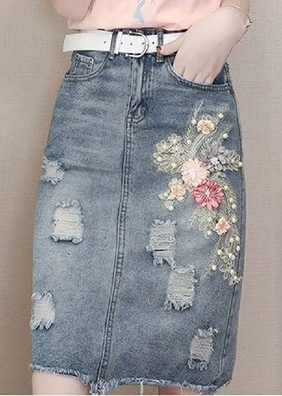 Classy Blue Pockets Nail Bead Hole Sashes Denim Skirts Summe linen skirt light