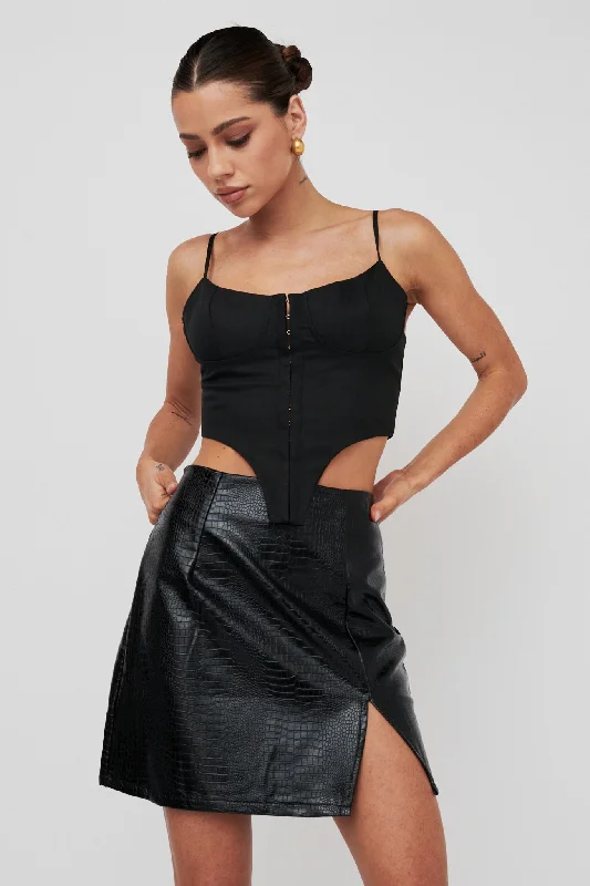 Darwin Embossed Mini Skirt Black denim skirt classic