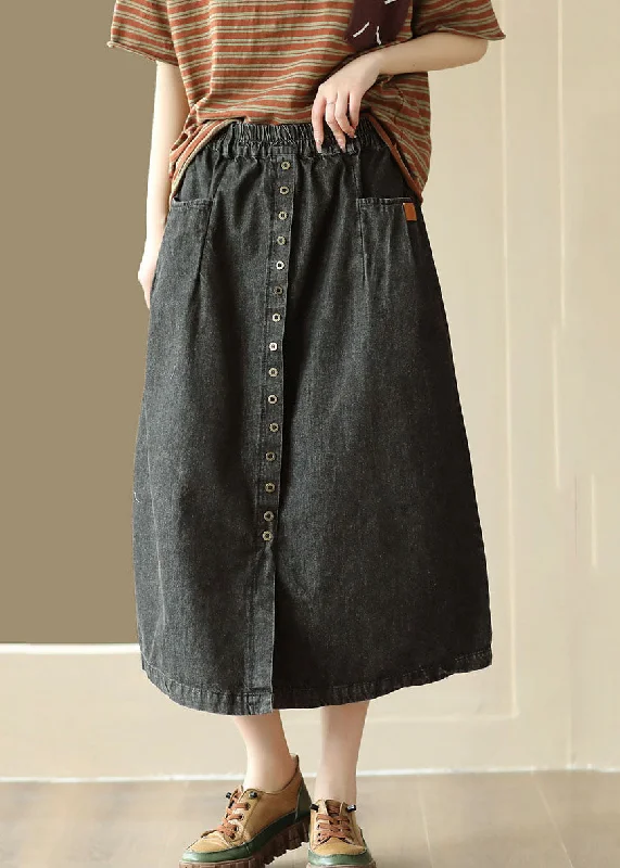 DIY Black Wrinkled Pockets Elastic Waist Patchwork Denim Skirt Summer cashmere skirt plush