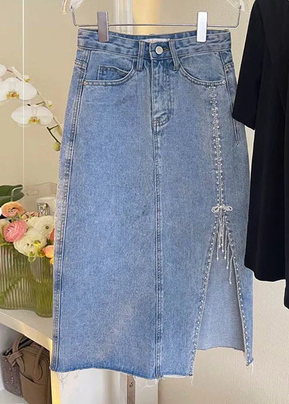 French Blue Patchwork Nail Bead Tassel Denim Maxi Skirts modal blend skirt