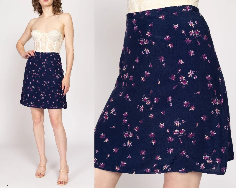 Medium 90s Navy Blue Floral Grunge Mini Skirt 27.5" belted skirt waist