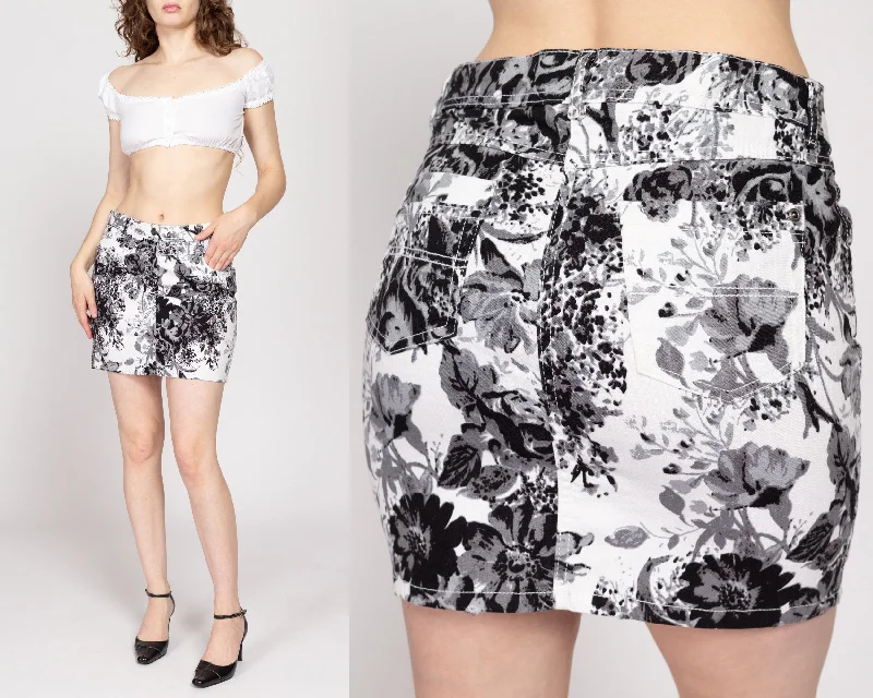 Medium Y2K Black & White Floral Denim Mini Skirt patchwork skirt art