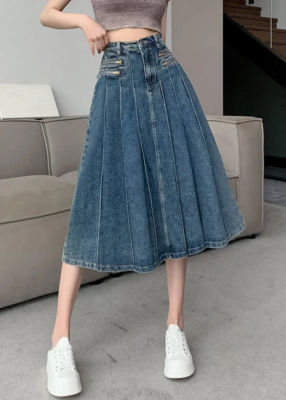 Modern Navy High Waist Zip Up Denim Pleated Skirt Summer cashmere skirt soft